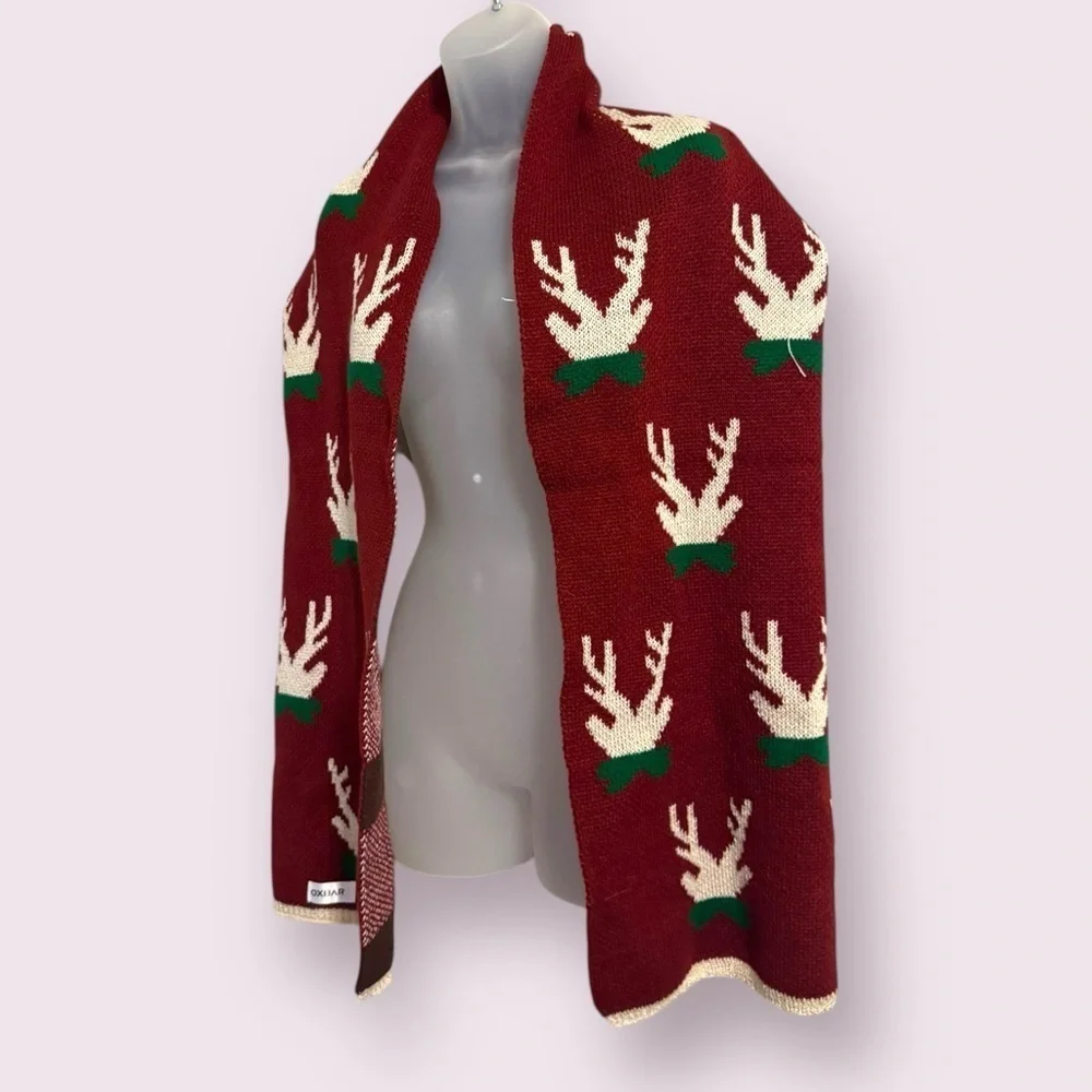 Holiday Knit Scarf Red Reindeer Pattern Winter Wrap OS